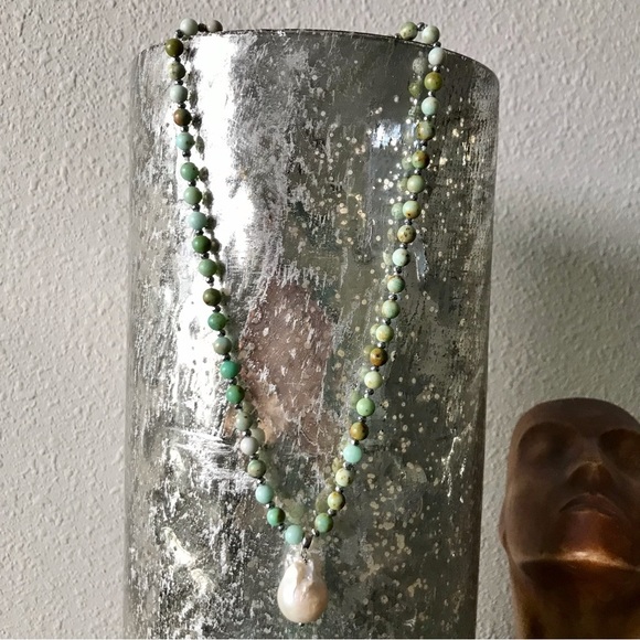 Jewelry - Natural Gemstone Beaded Necklace with Pearl Pendant | Sterling Silver